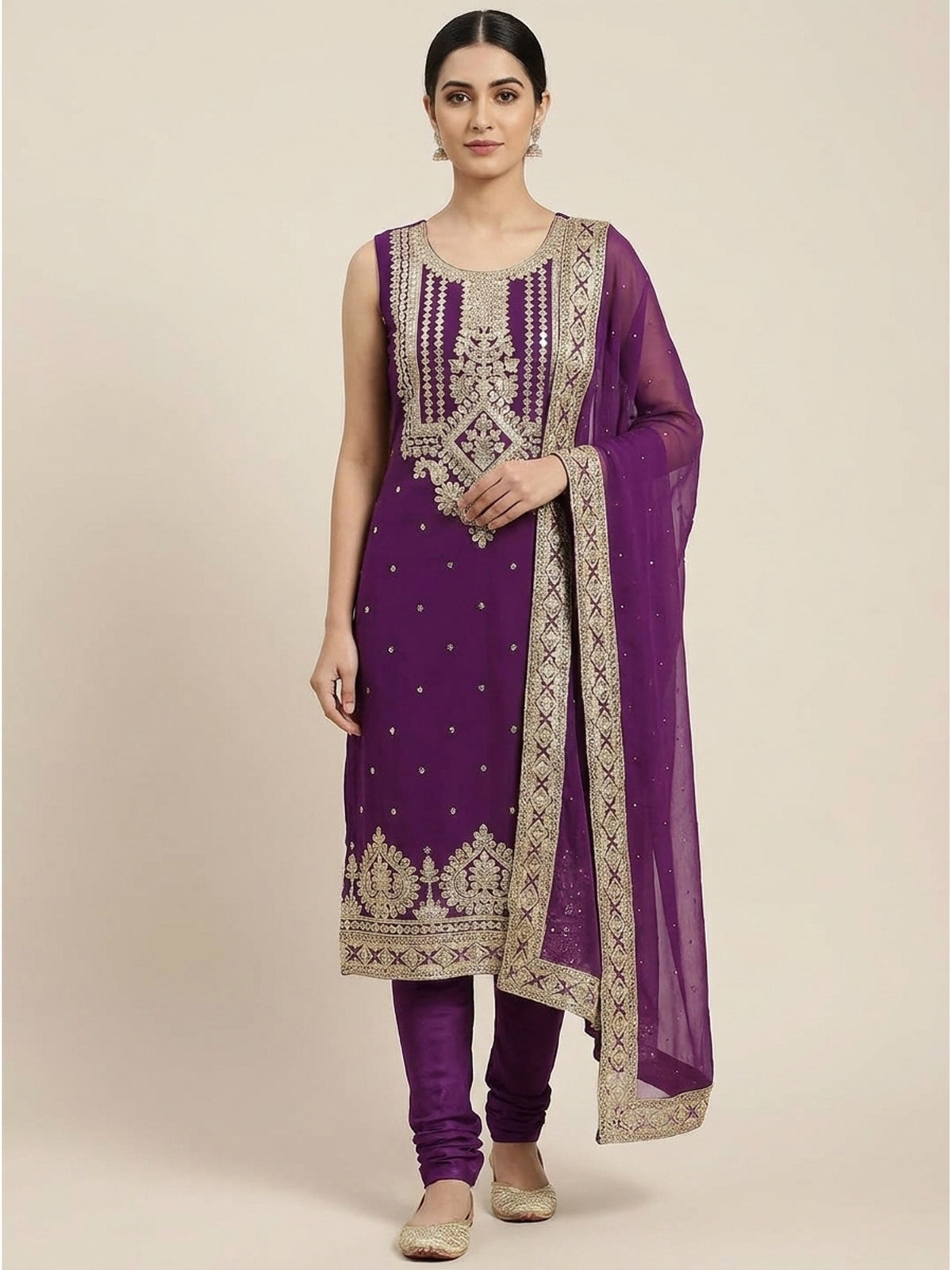 Purple Floral Sequins Embroidered Georgette Dress Material - Image 4