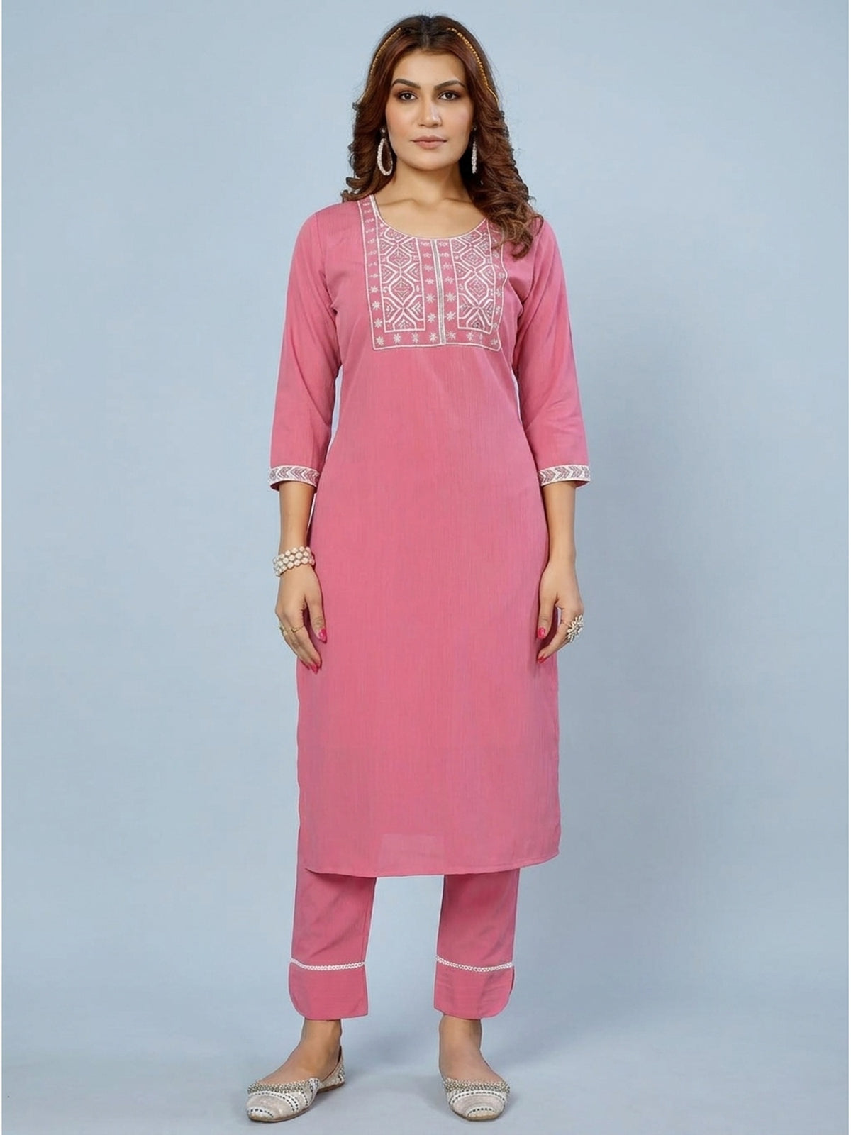Pink Sequins Embroidered Cotton Blend Kurti Pant Set - Image 1