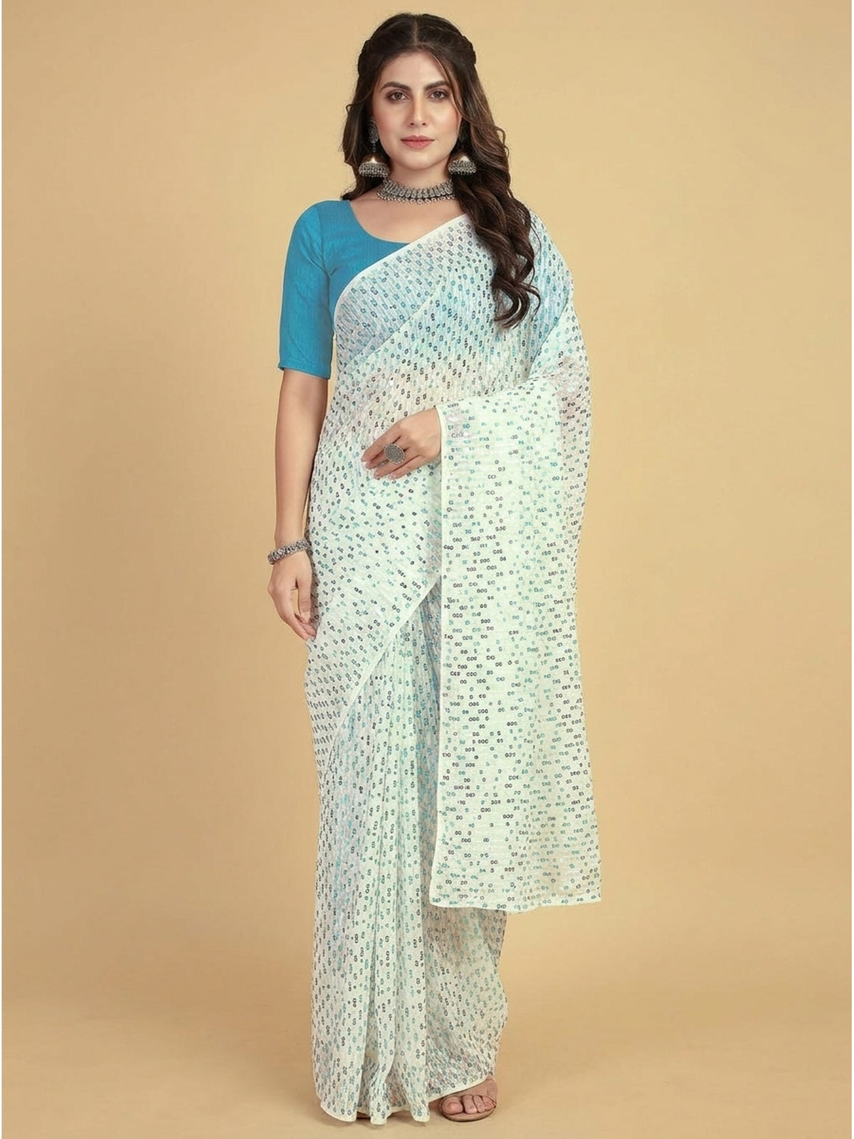 White & Blue Sequins Embroidered Georgette Saree - Image 2