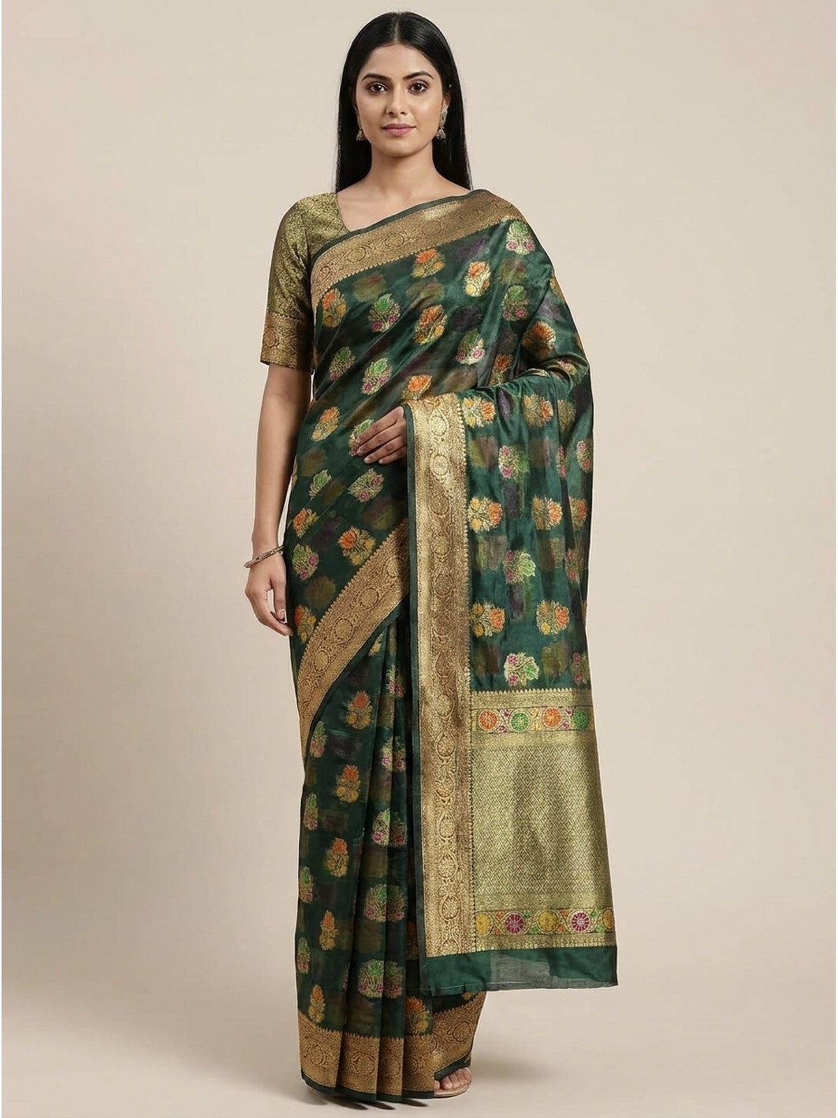 Bottle Green Woven Organza Saree - Image 4