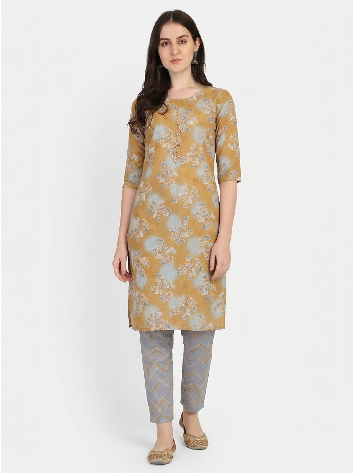 Mustard Floral Printed With Embroidered Cotton Blend Kurti Pant Set - Image 2