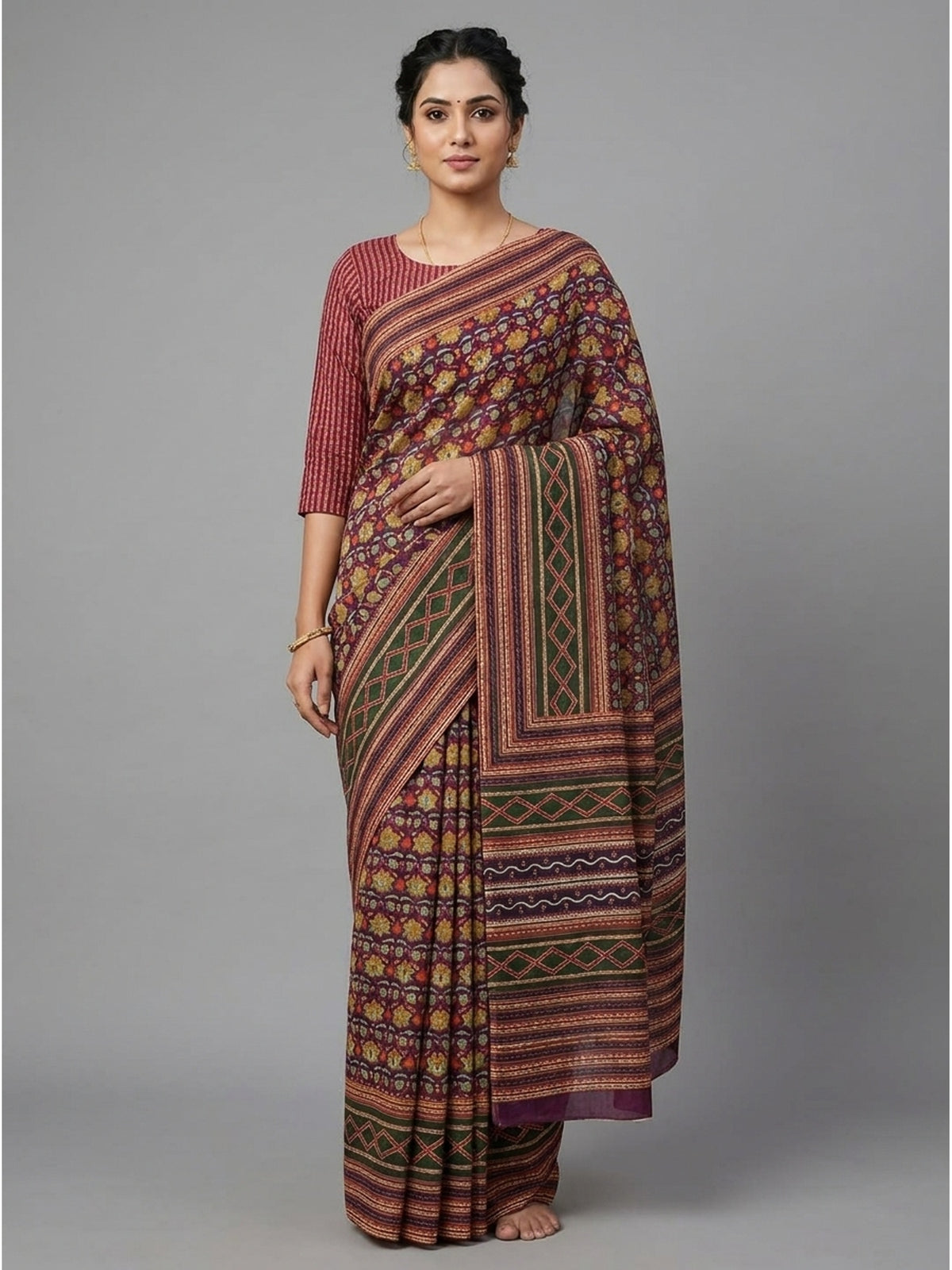 Multicolour Floral Printed Pure Cotton Saree - Image 4