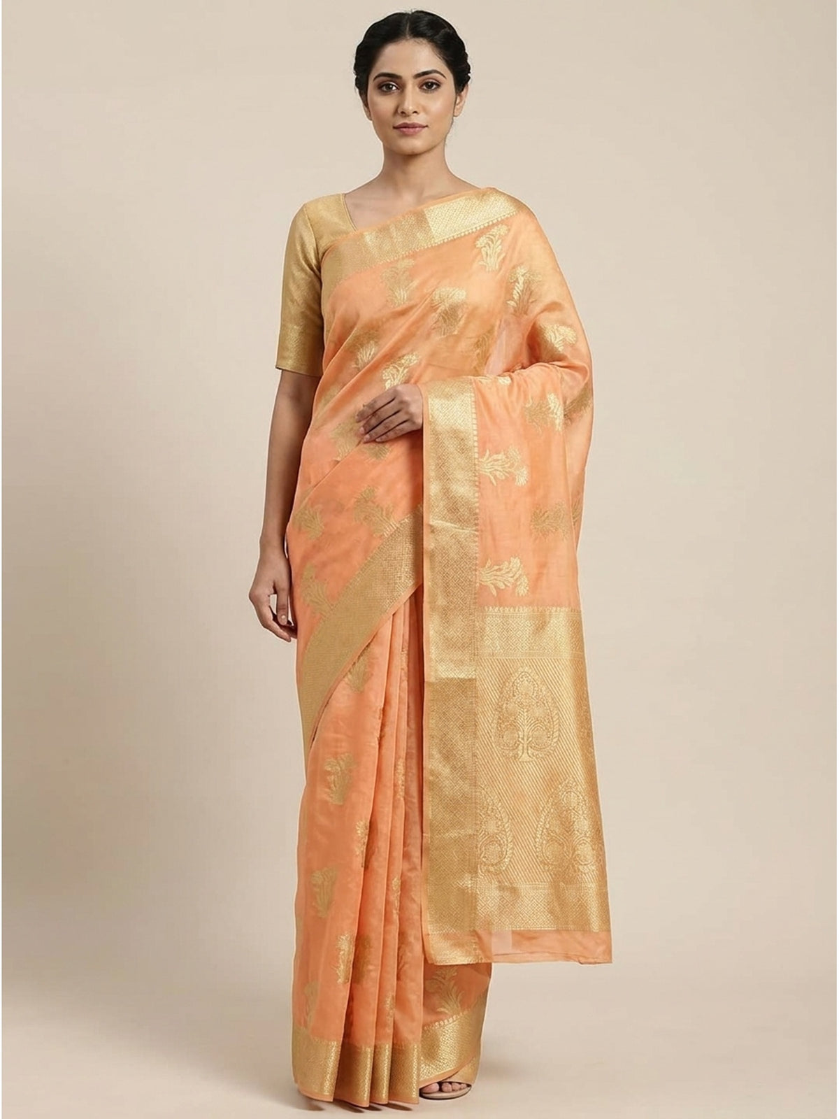 Peach Festive Wear Woven Organza Saree - Image 4