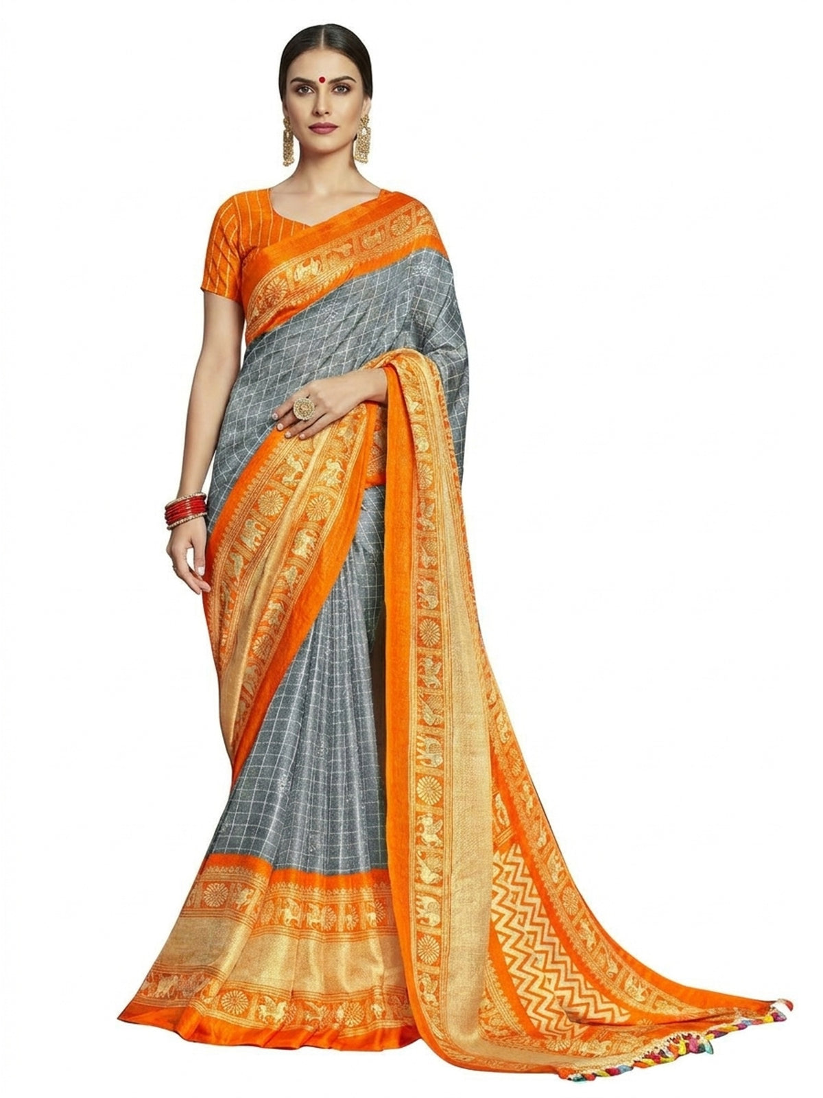 Pleasance Gray-Orange Colored Festive Wear Printed Linen Saree - Image 3