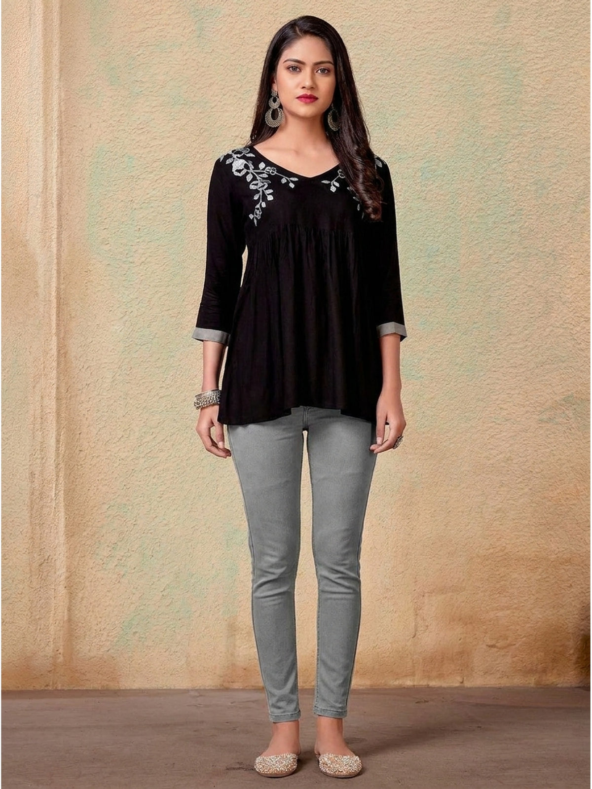 Coffee Casual Wear Floral Embroidered Rayon Top - Image 1