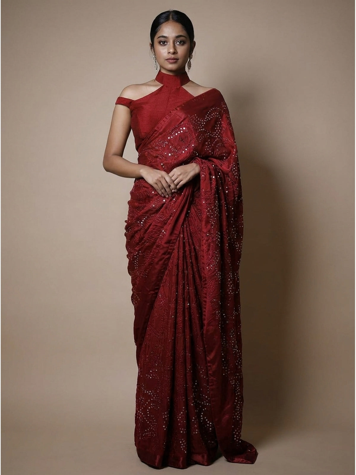 Maroon Partywear Embroidered & Sequins Chiffon Saree - Image 3
