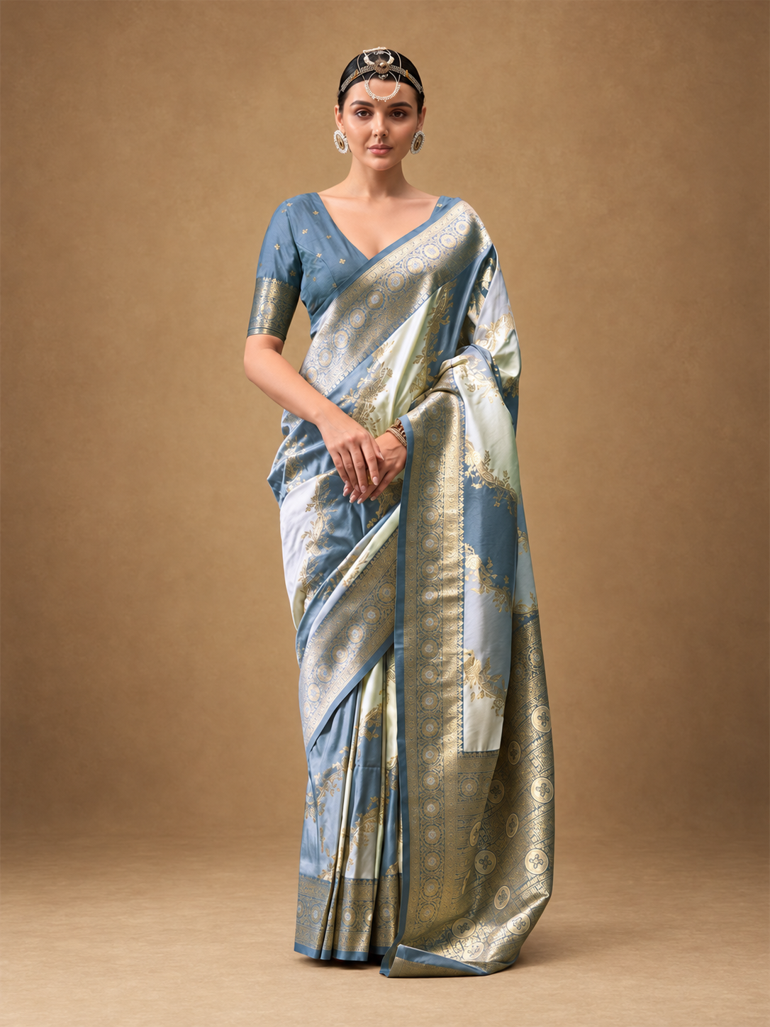 Grey Floral Woven Art Silk Saree With Tassels - Image 2