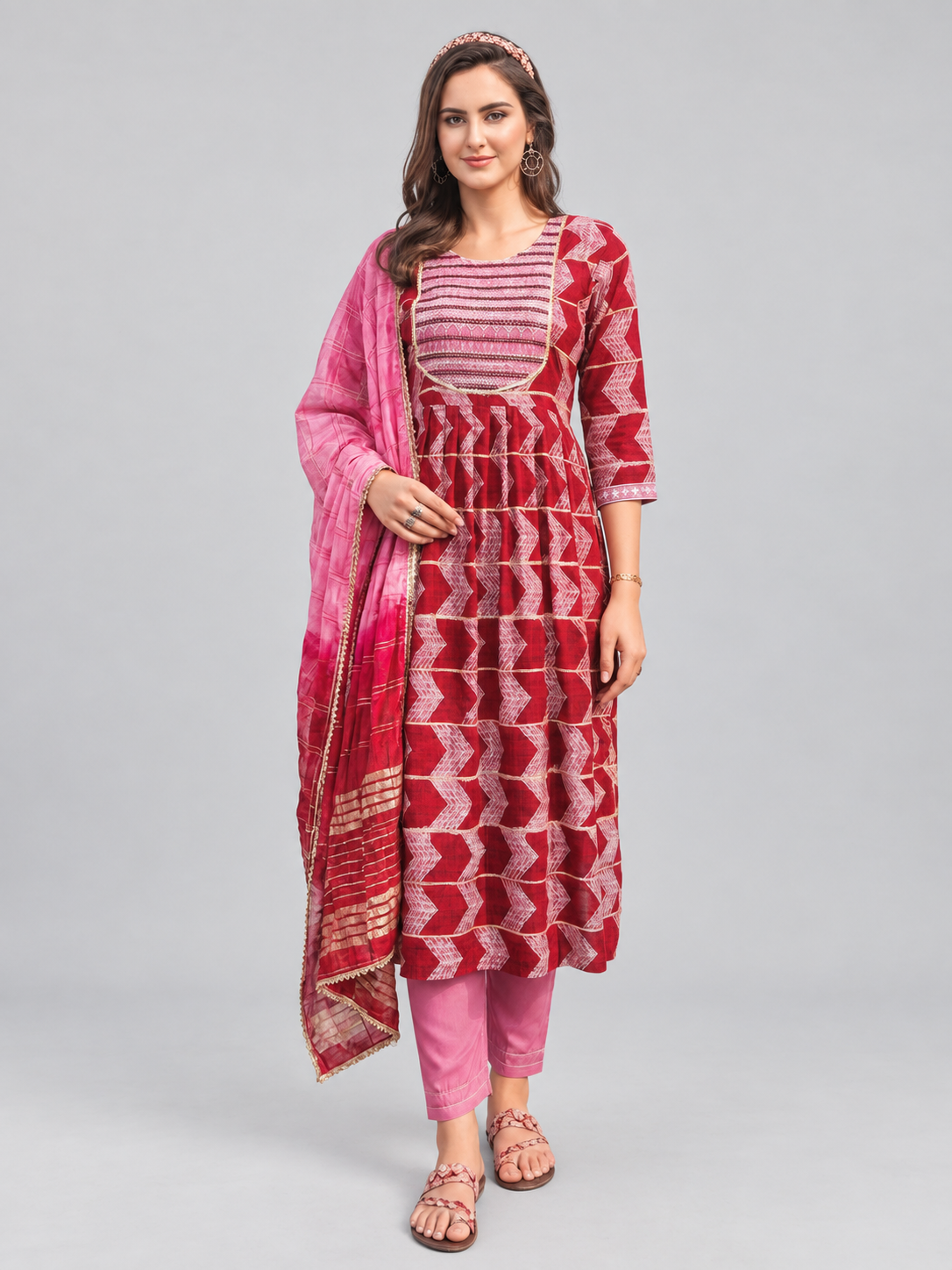 Pink Foil Printed Rayon Naira Cut Suit - Image 1
