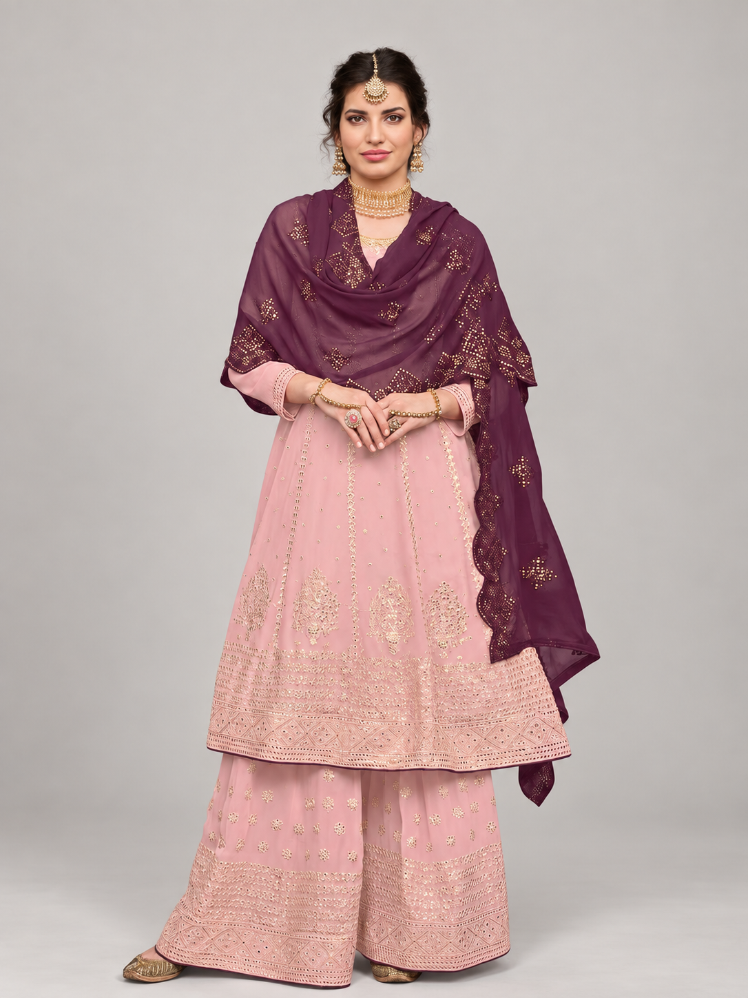 Peach Mirror Embroidered Georgette Sharara Suit - Image 1