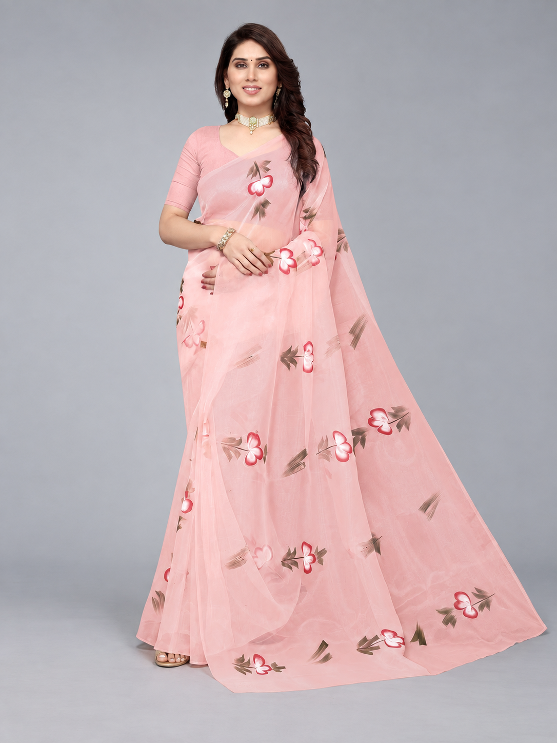 Pink Hand Printed Organza Saree - Image 2