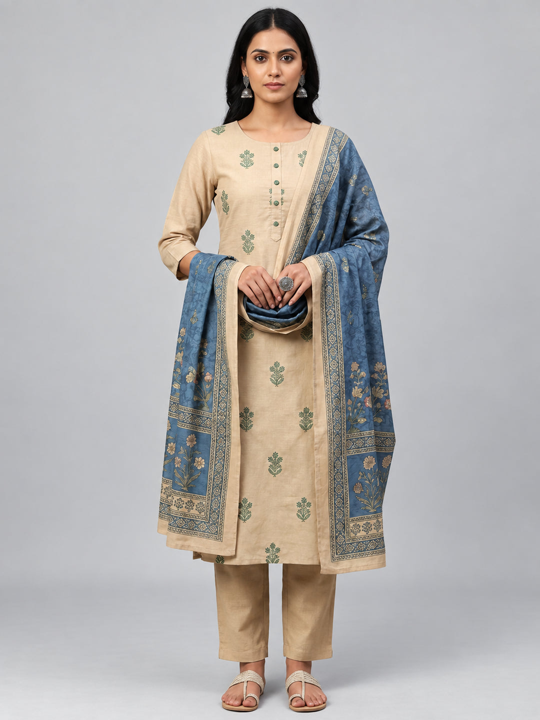 Beige Party Wear Embroidered Cotton Kurti Pant Set With Dupatta - Image 1