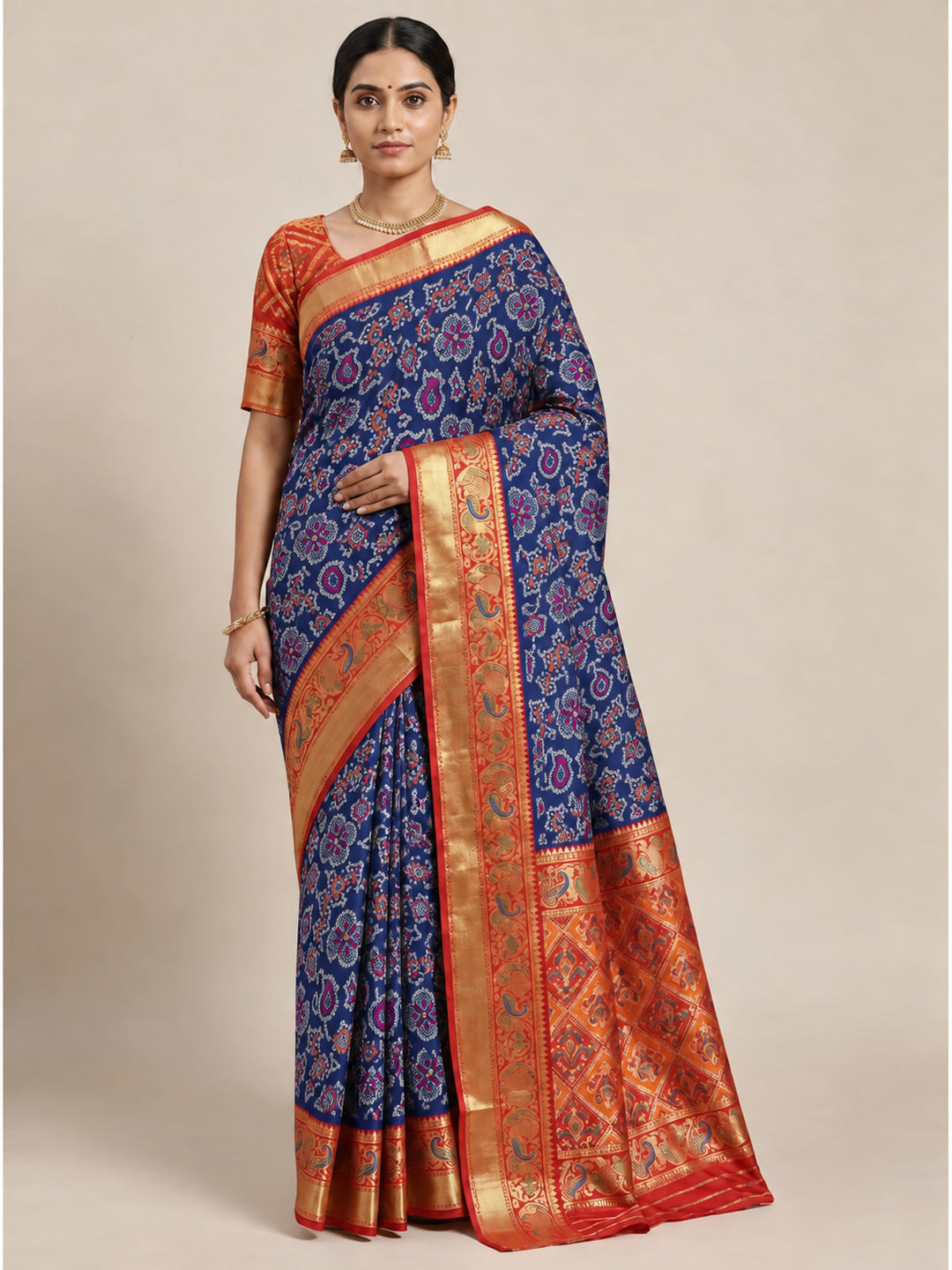 Navy Blue Woven Art Silk Patola Saree - Image 5