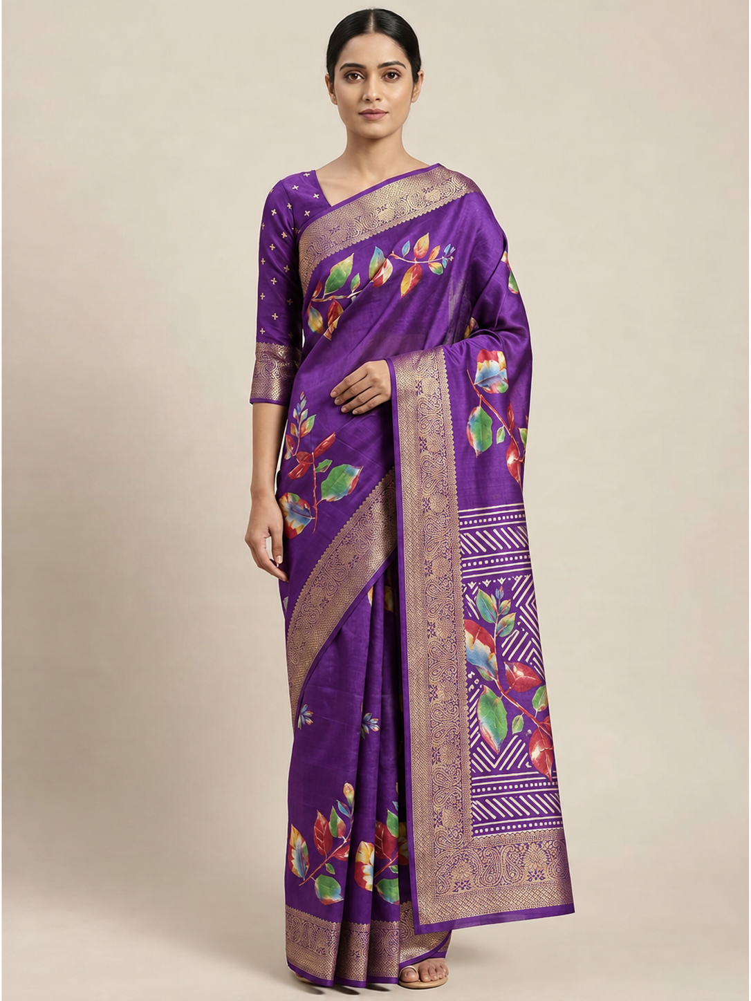 Purple Floral Printed Dola Silk Saree - Image 5