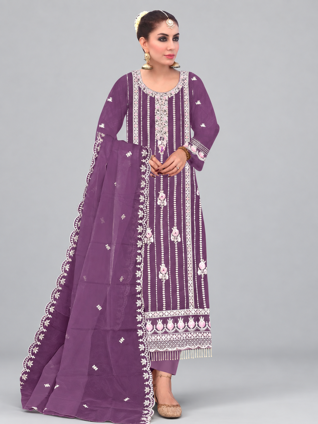 Purple Floral Hand Embroidered Georgette Semi Stitched Pakistani Suit - Image 1