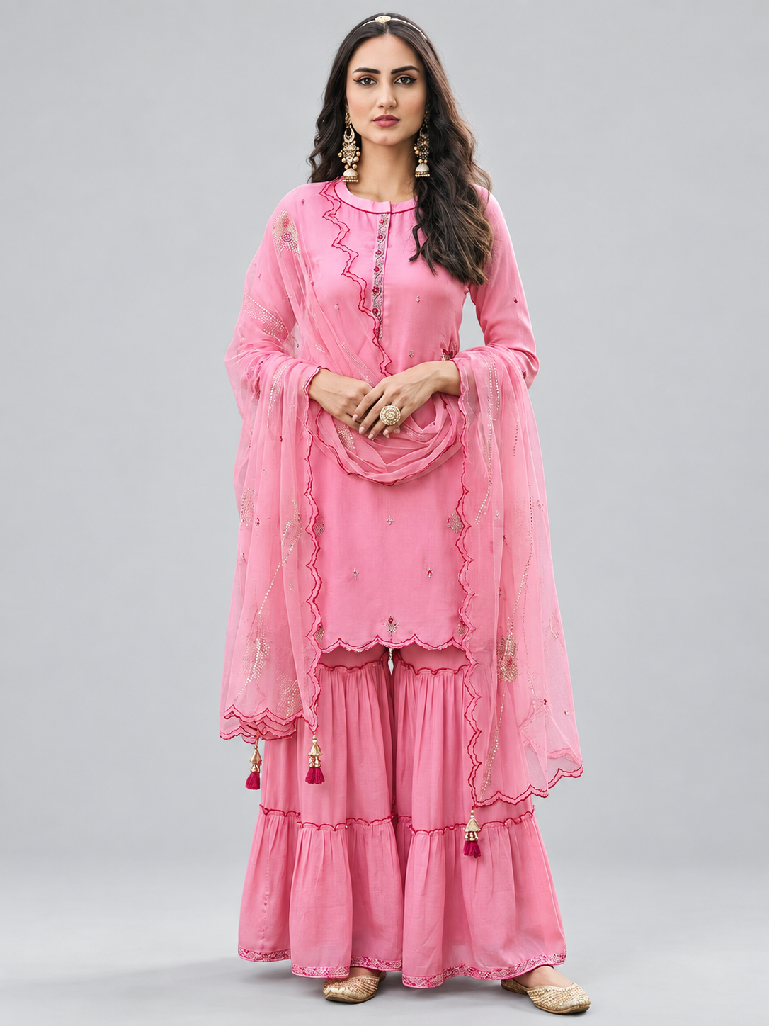 Pink Embroidered Chinon Sharara Suit - Image 1