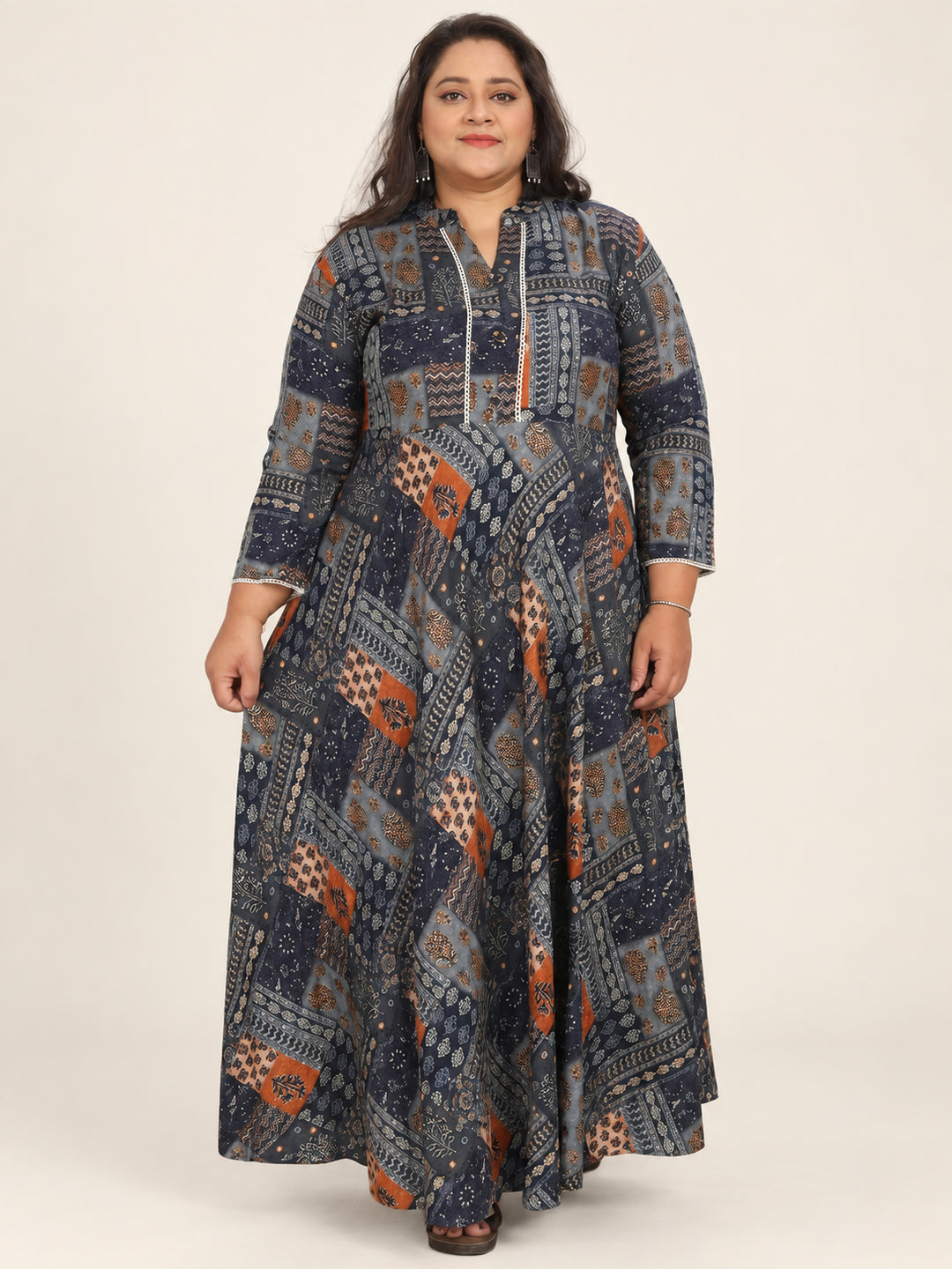 Blue Floral Printed Rayon Long Kurti - Image 1