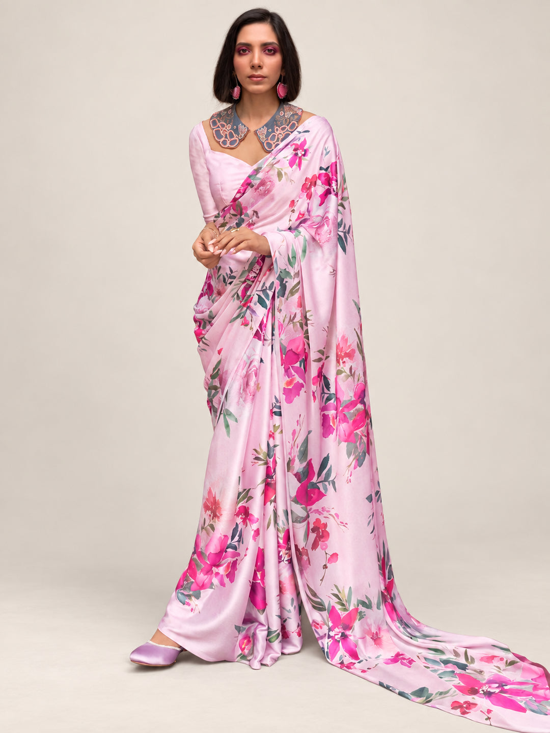 Pink Floral Digital Printed Satin Saree - Image 5