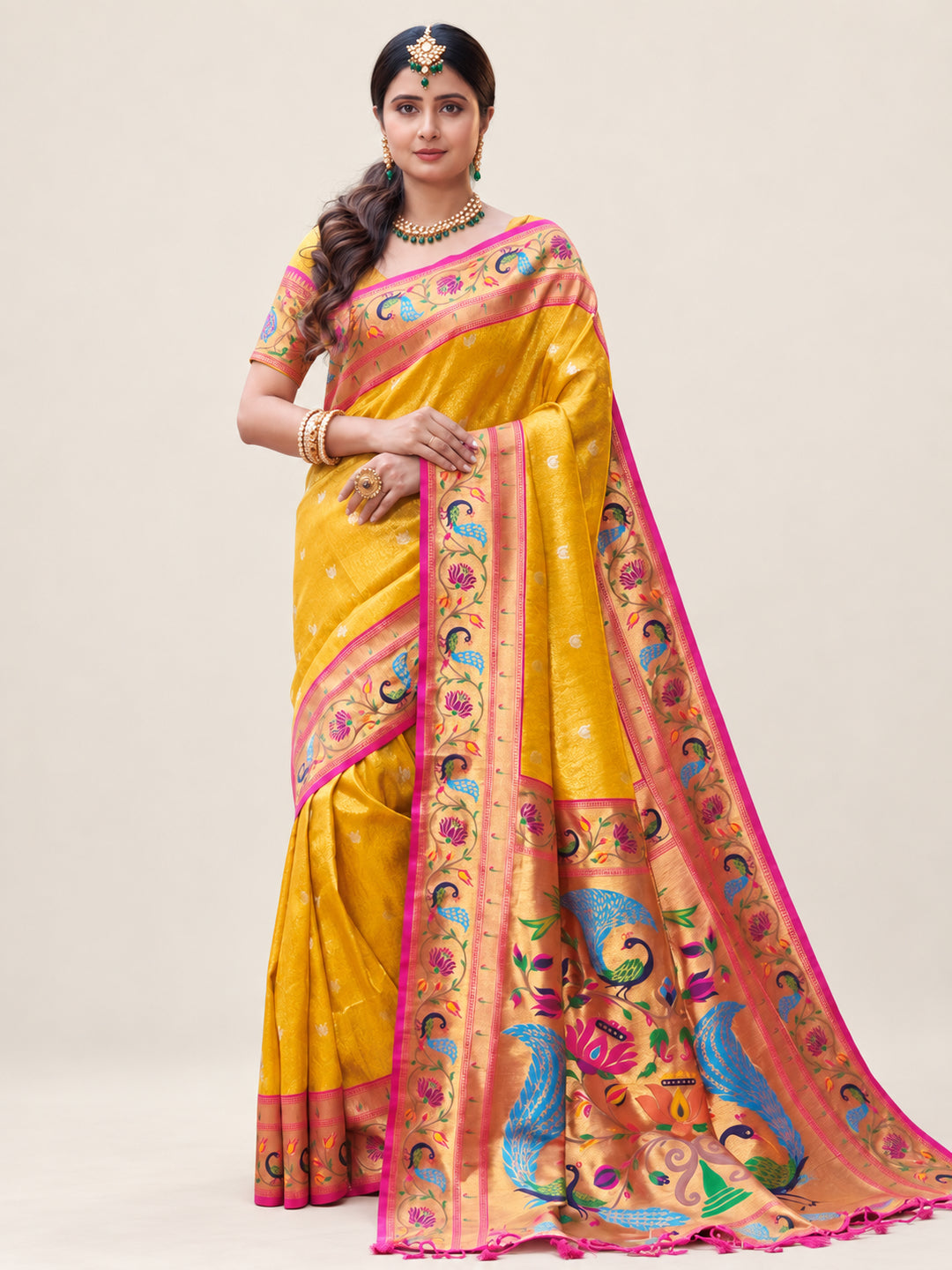 Yellow Woven Art Silk Paithani Saree With Tassels - Image 1