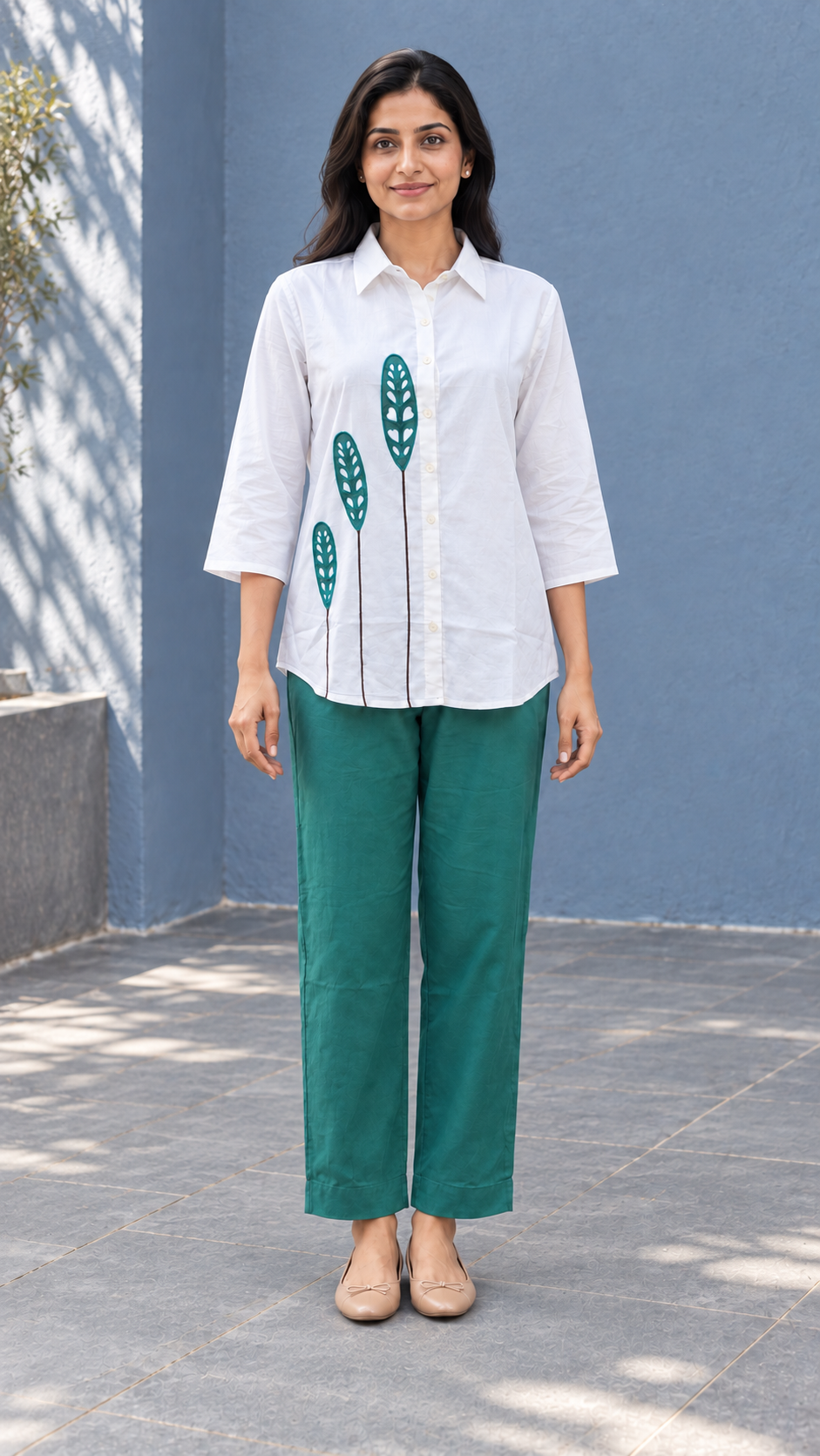 Peachmode White and Green Pure Cotton Leaf Applique Co-ord Set - Image 2