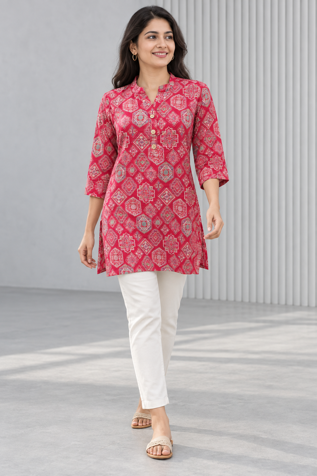 Peachmode Pink Rayon Geometric Printed Short Top - Image 1