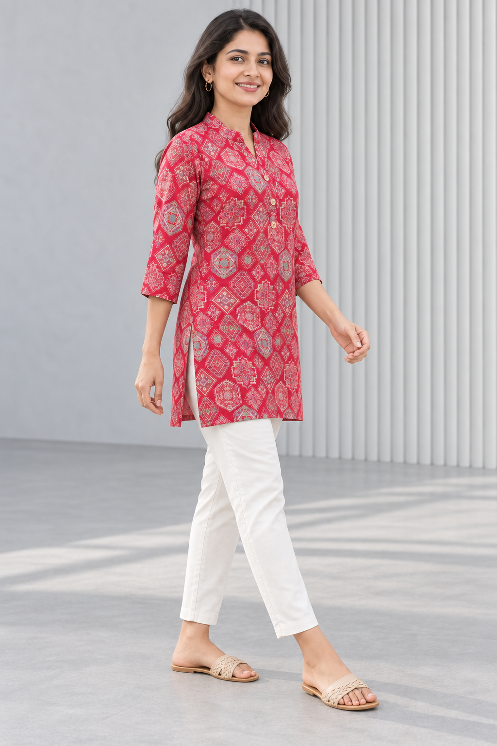 Peachmode Pink Rayon Geometric Printed Short Top - Image 3