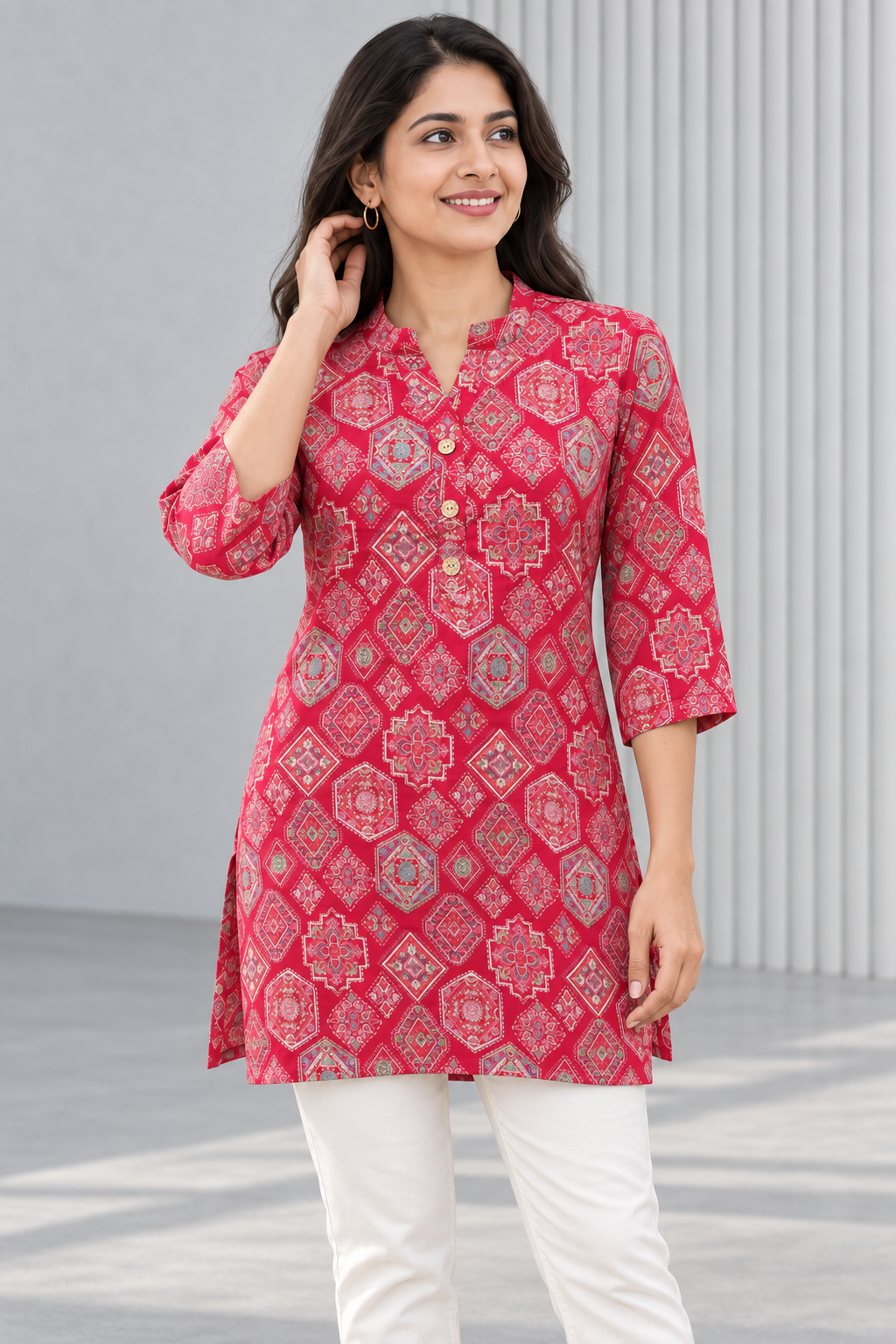 Peachmode Pink Rayon Geometric Printed Short Top - Image 5
