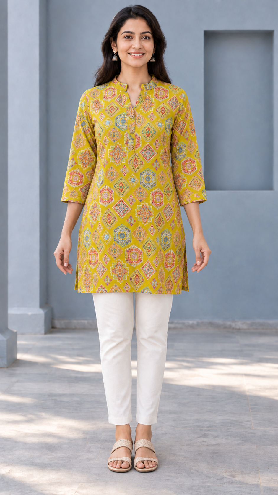 Peachmode Mustard Rayon Geometric Printed Short Top - Image 2