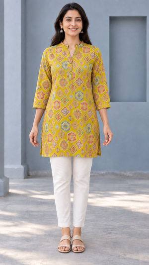 Peachmode Mustard Rayon Geometric Printed Short Top - Image 2