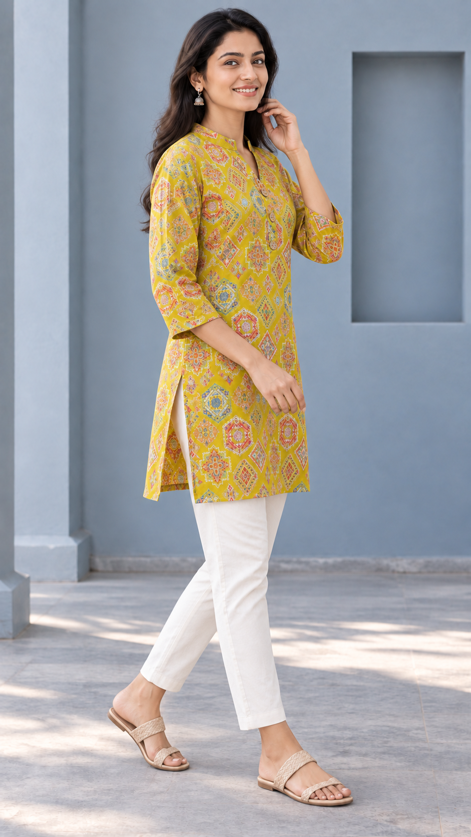 Peachmode Mustard Rayon Geometric Printed Short Top - Image 3