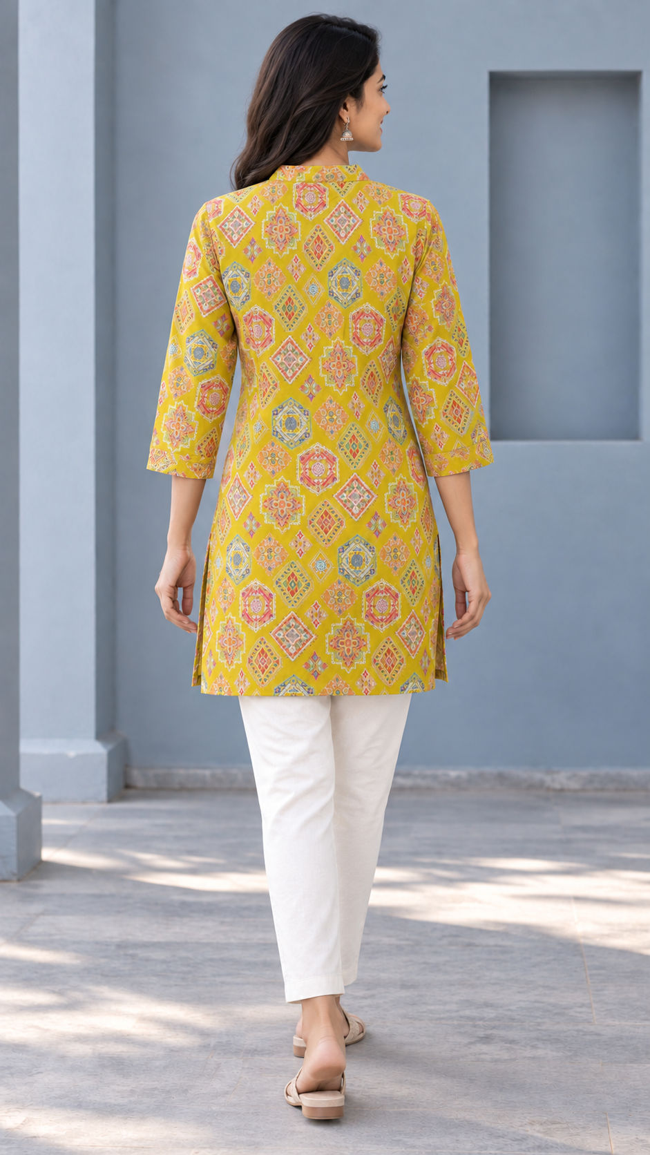 Peachmode Mustard Rayon Geometric Printed Short Top - Image 4