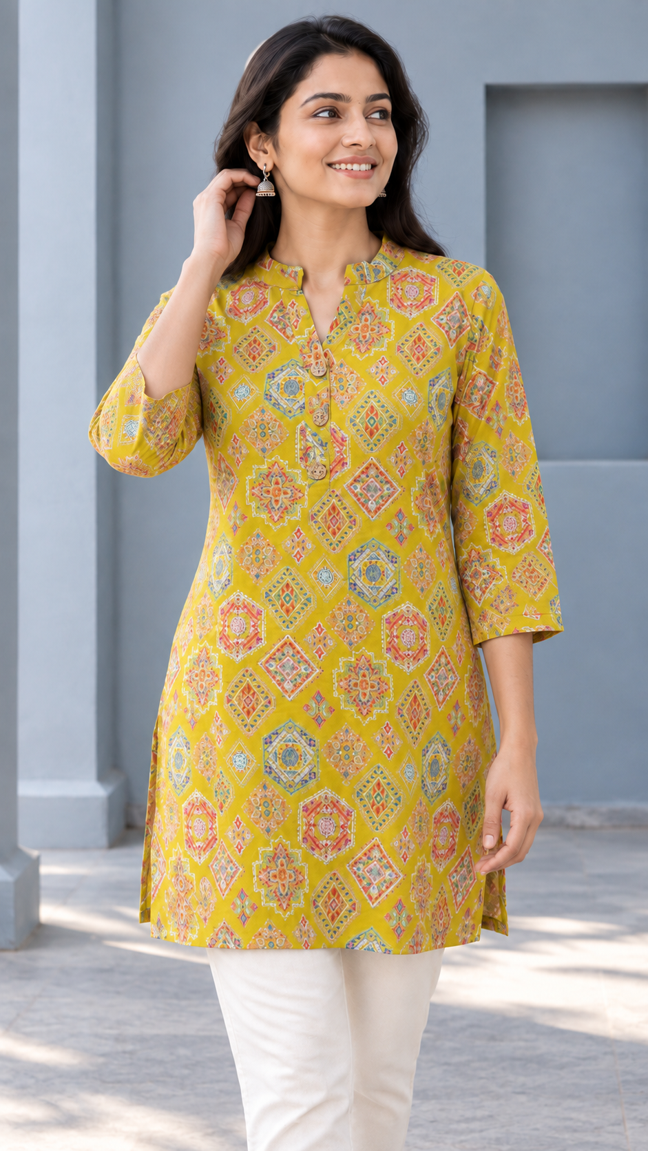 Peachmode Mustard Rayon Geometric Printed Short Top - Image 5