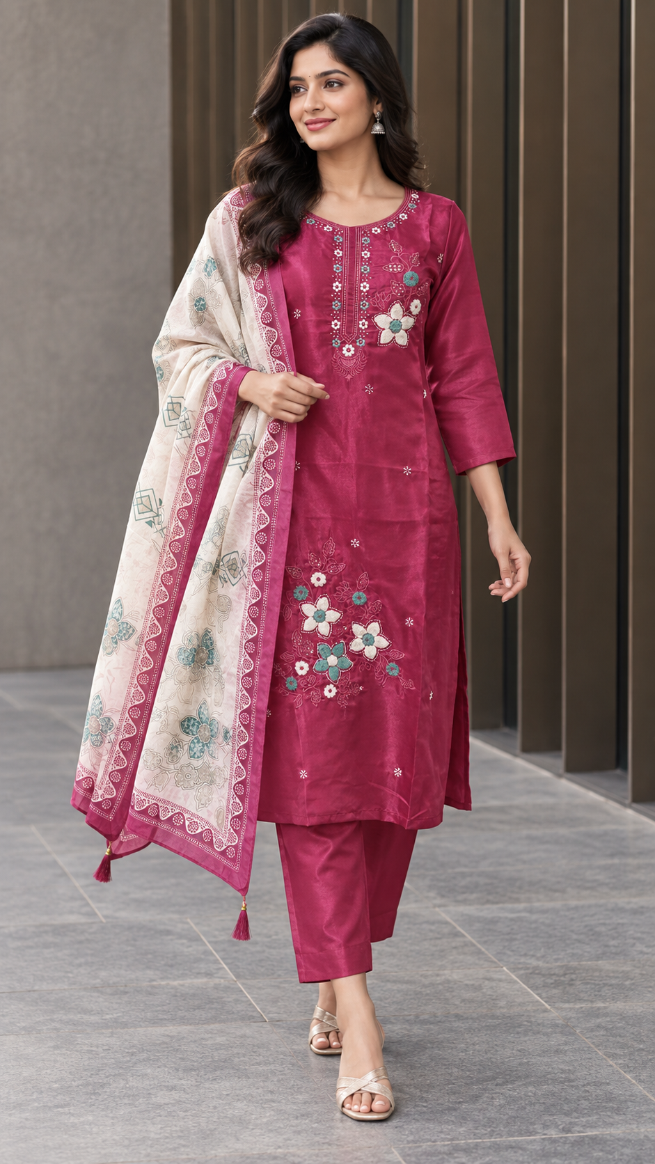 Peachmode Magenta Silk Blend Floral Embroidered Salwar Suit - Image 1