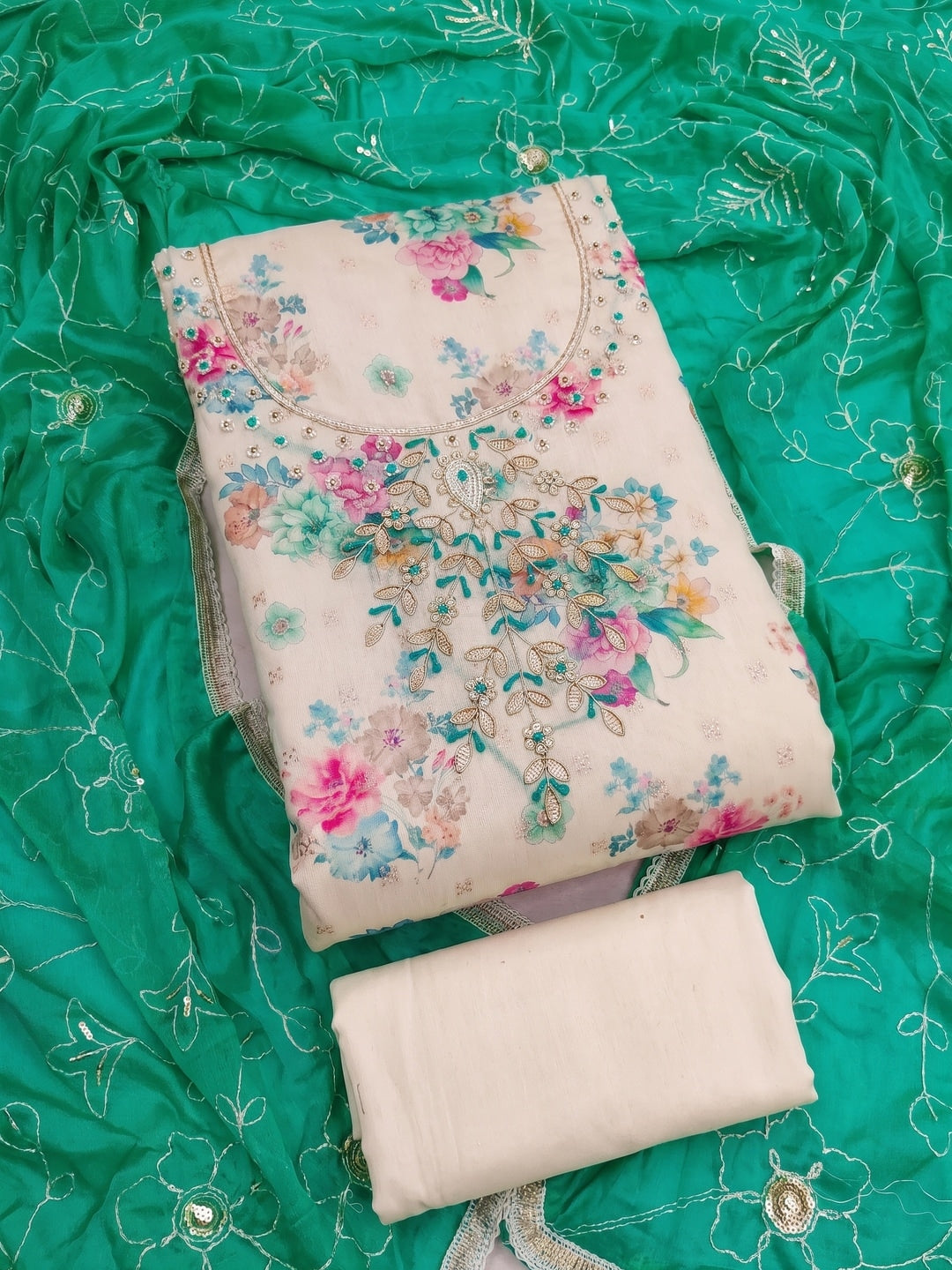 Peachmode Cream Floral Handwork Chanderi Silk Dress Material - Image 1