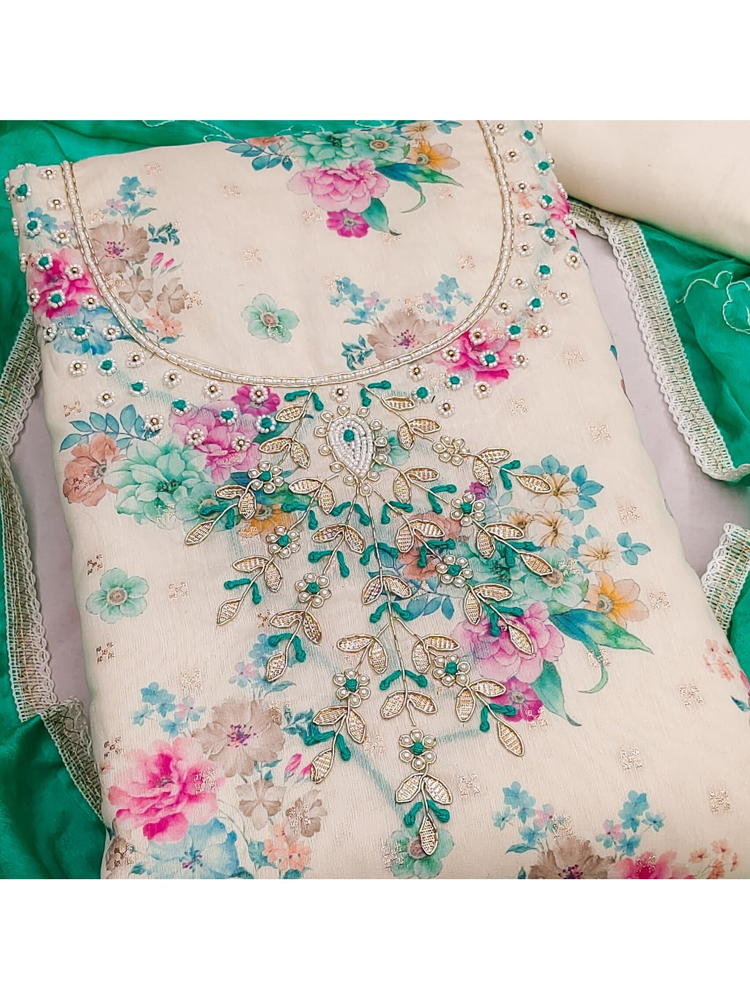 Peachmode Cream Floral Handwork Chanderi Silk Dress Material - Image 4