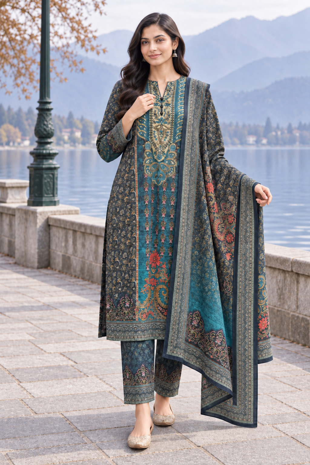 Peachmode Blue Printed Woolen Suit with Dupatta - Image 5