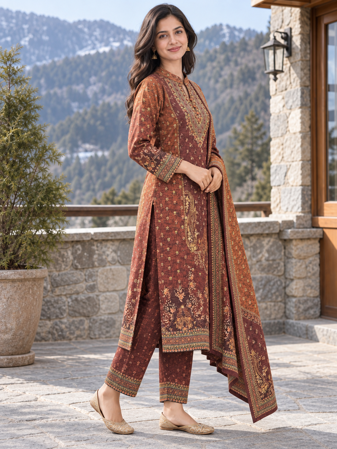 Peachmode Red Printed Woolen Suit with Dupatta - Image 3