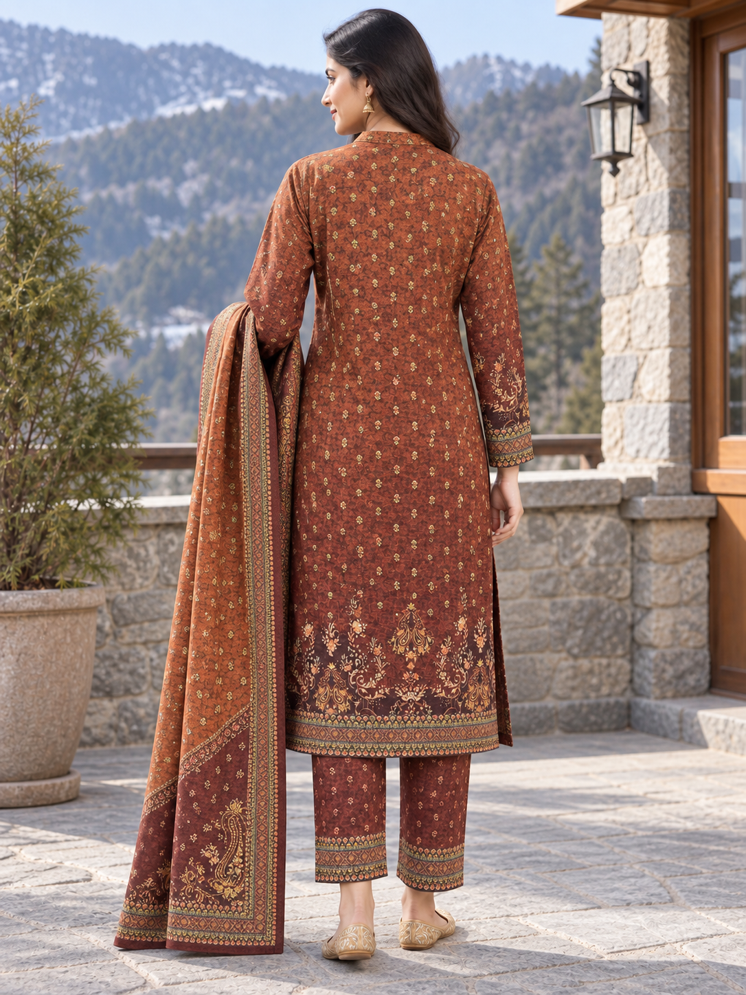 Peachmode Red Printed Woolen Suit with Dupatta - Image 4