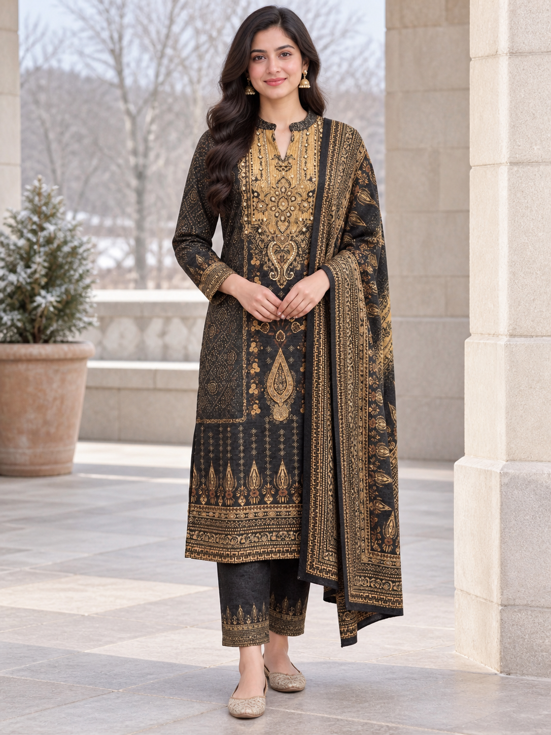 Peachmode Black Printed Woolen Suit with Dupatta - Image 1