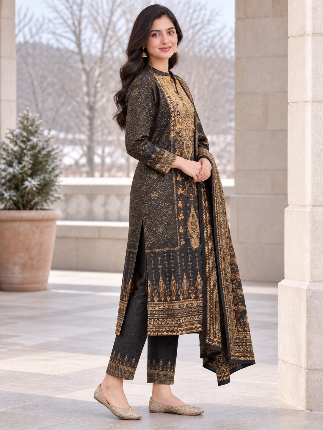 Peachmode Black Printed Woolen Suit with Dupatta - Image 3