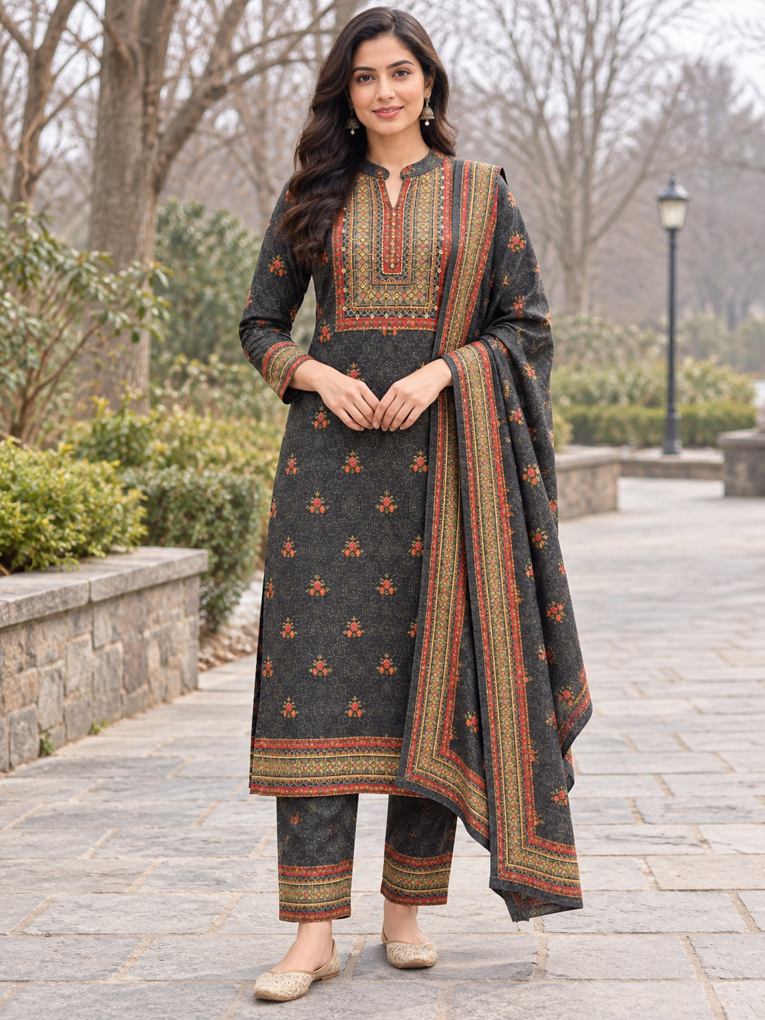 Peachmode Grey Printed Woolen Suit with Dupatta - Image 1