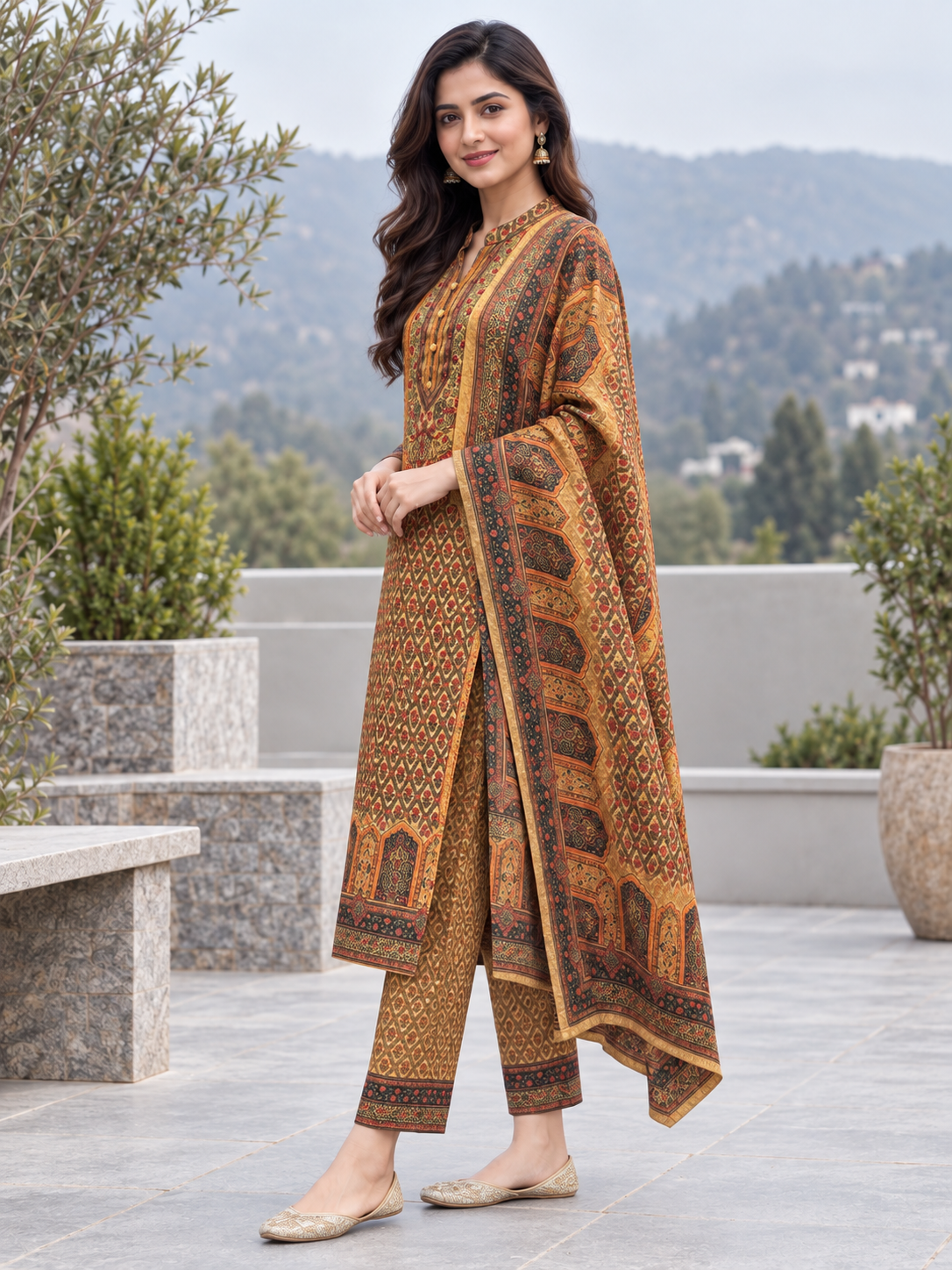 Peachmode Gold Printed Woolen Suit with Dupatta - Image 3