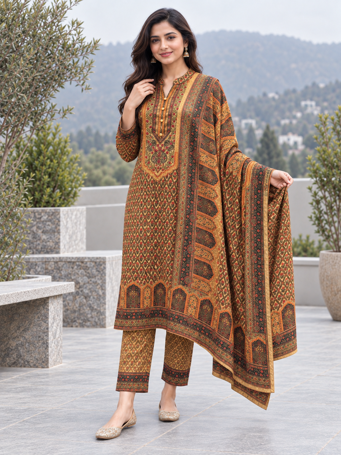 Peachmode Gold Printed Woolen Suit with Dupatta - Image 5