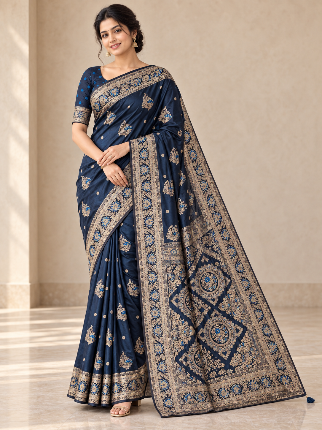 Peachmode Navy Blue Art Silk Woven Saree - Image 1