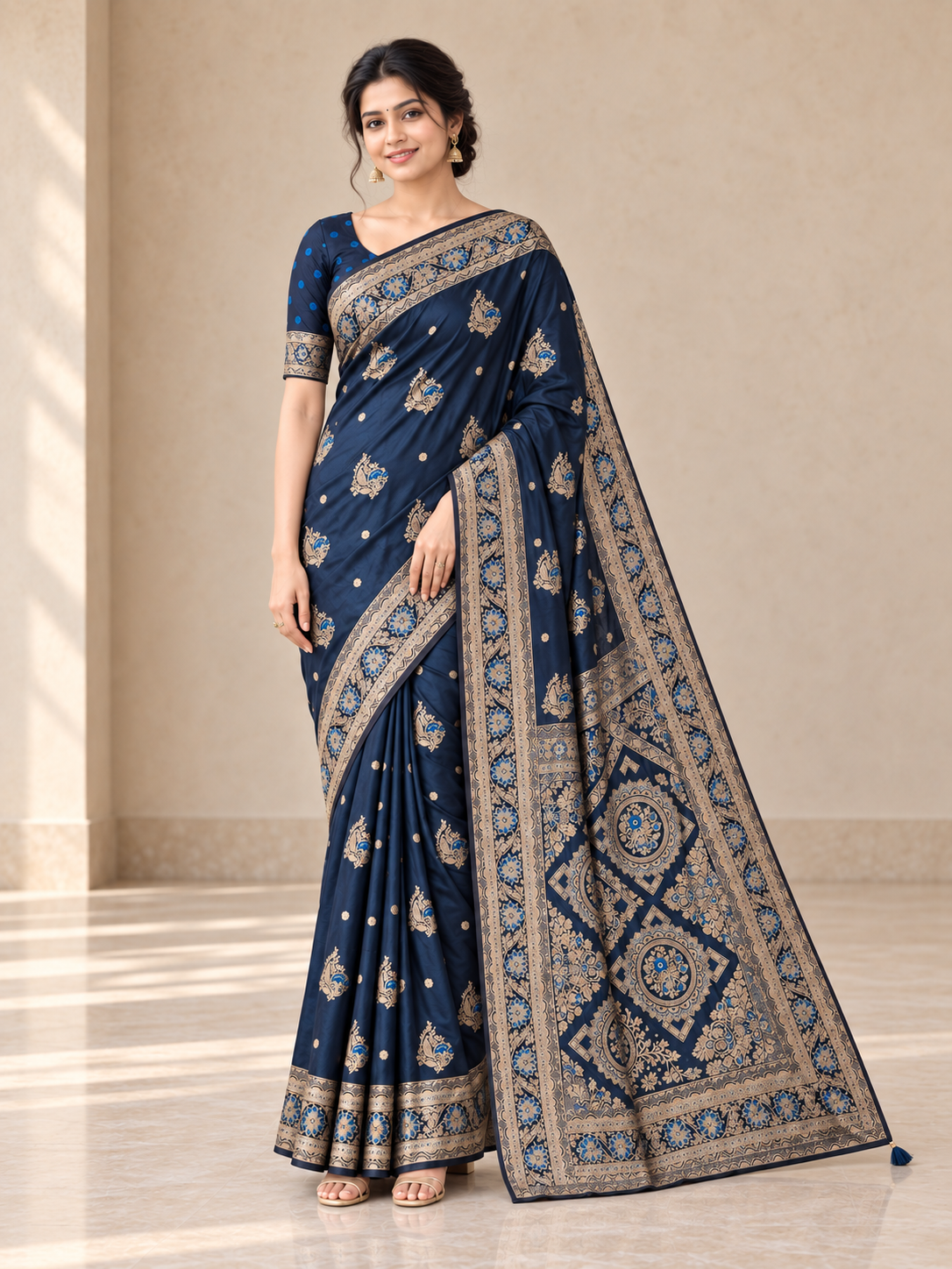 Peachmode Navy Blue Art Silk Woven Saree - Image 2