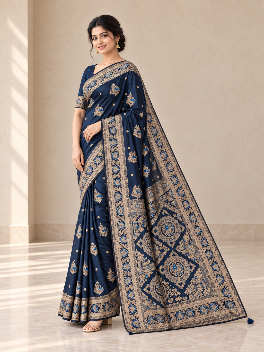 Peachmode Navy Blue Art Silk Woven Saree - Image 3