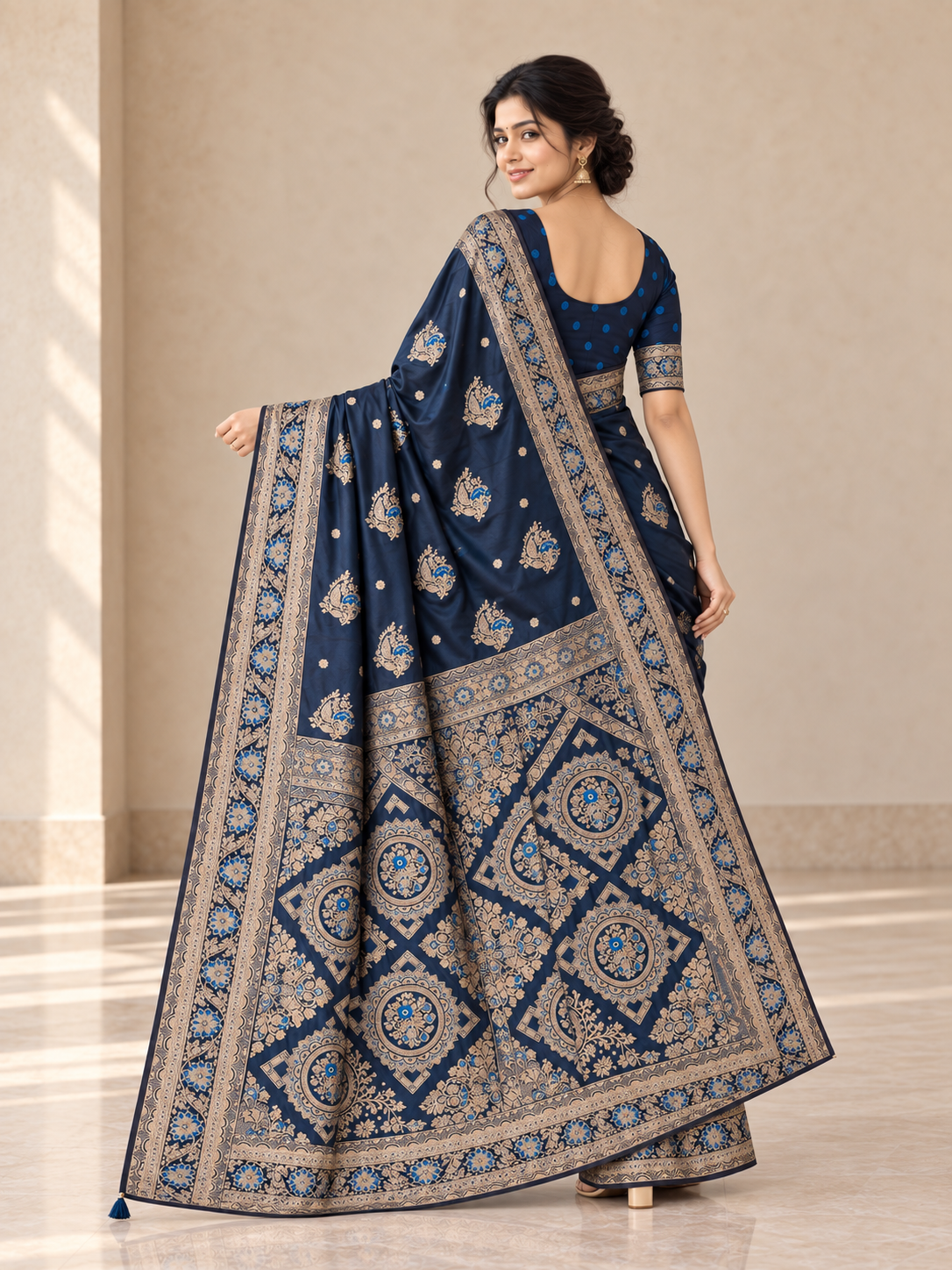 Peachmode Navy Blue Art Silk Woven Saree - Image 4