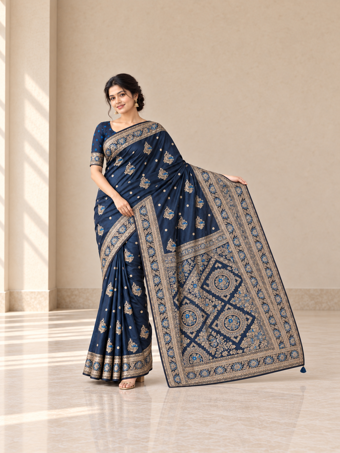 Peachmode Navy Blue Art Silk Woven Saree - Image 5