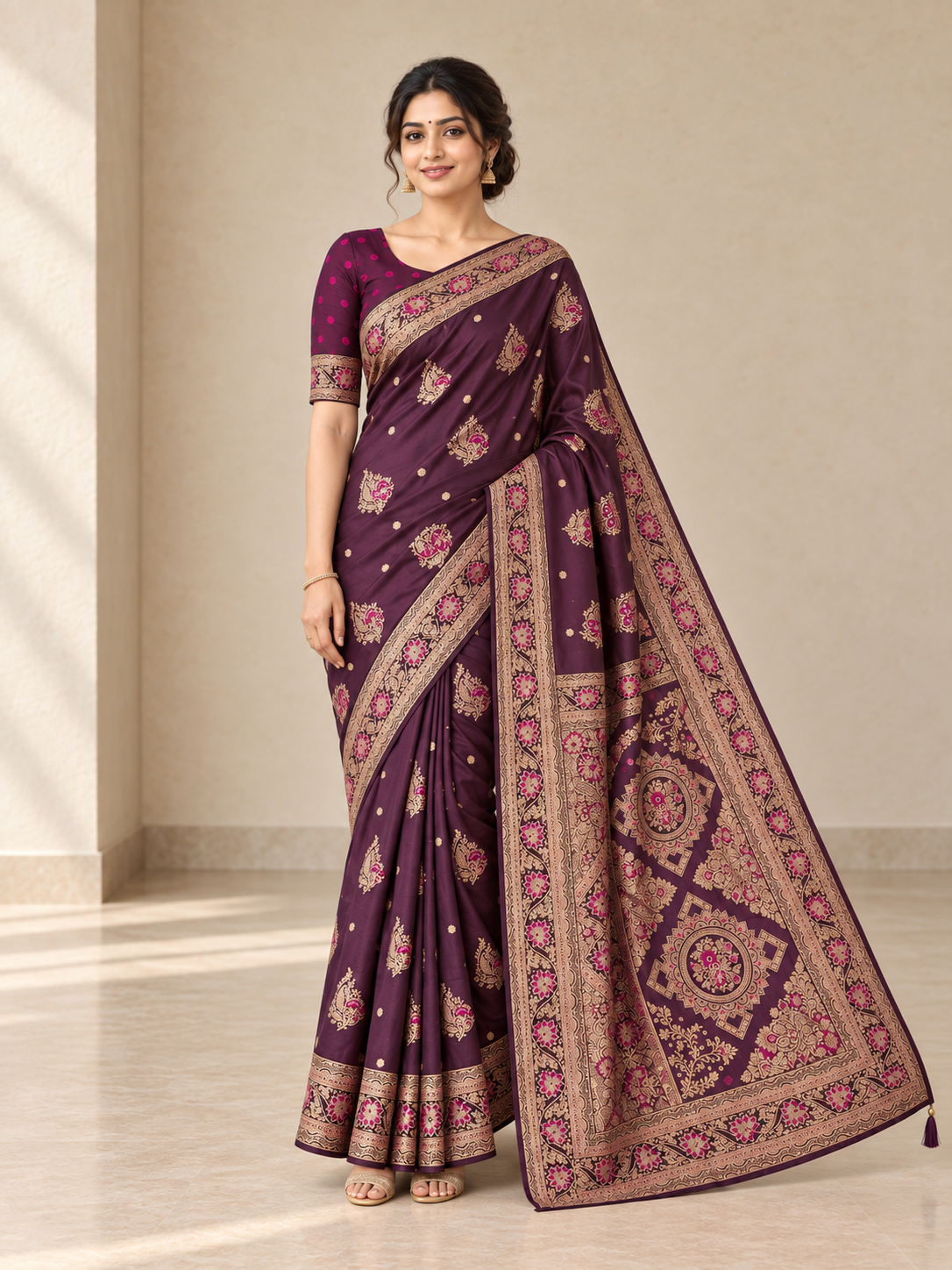 Peachmode Wine Art Silk Woven Saree - Image 2