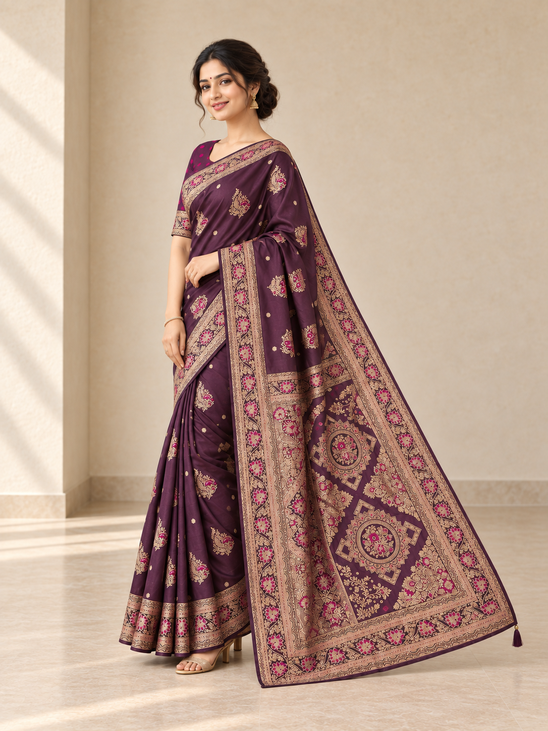 Peachmode Wine Art Silk Woven Saree - Image 3