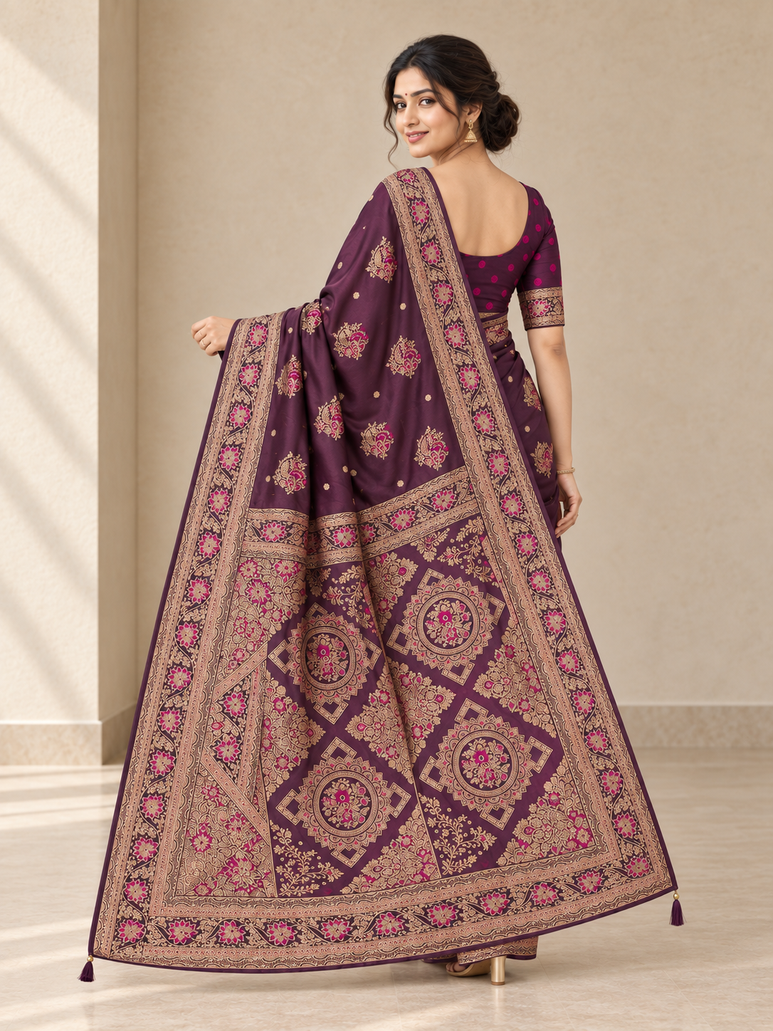 Peachmode Wine Art Silk Woven Saree - Image 4